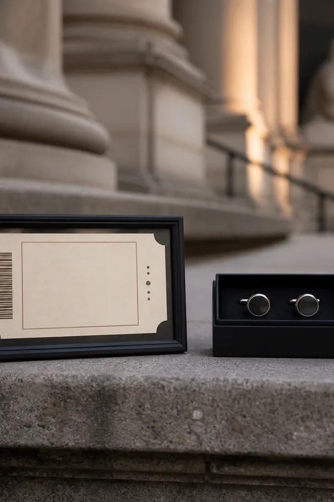 Ticket-shaped card propped on museum steps with a small gift beside it