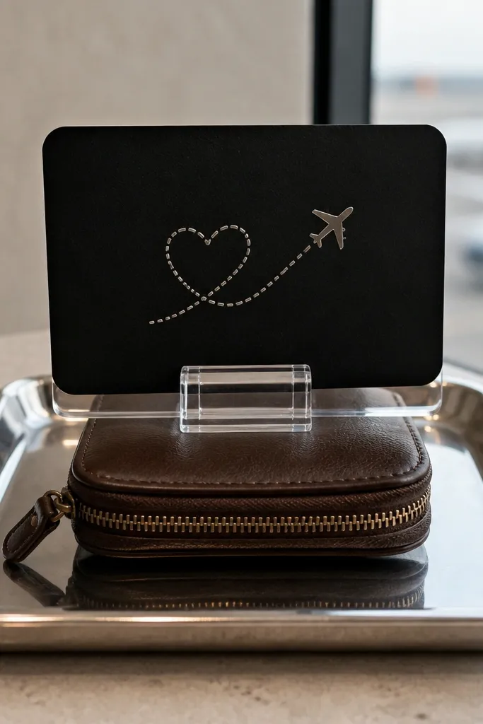 Black card clipped like a boarding pass on a tray with a small gift