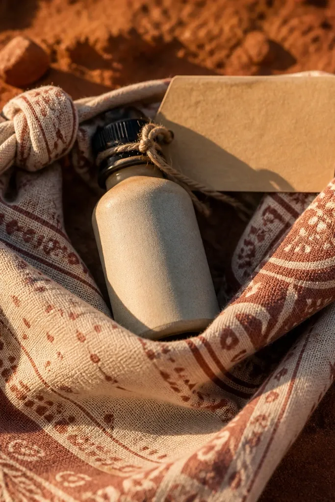 Bandana wrapped around a small bottle with a card on sandy ground at sunset