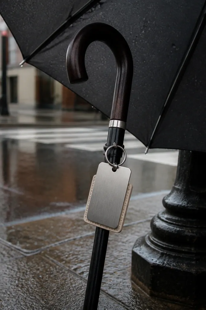 Umbrella with a name tag hanging from the handle and a small note attached