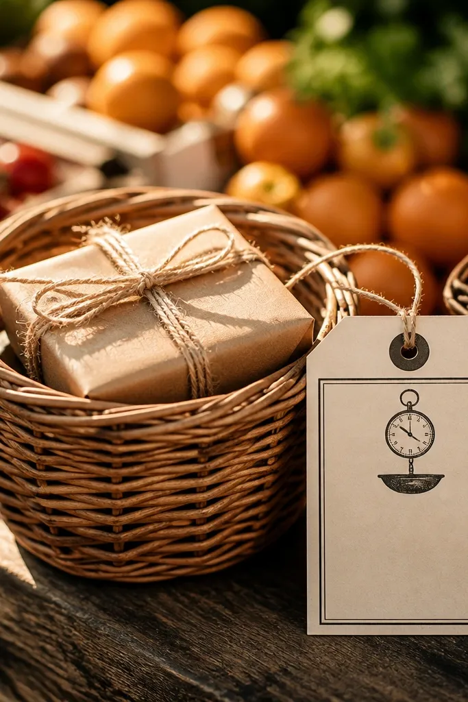 Wicker basket with a small gift and a handwritten card that looks like a weight tag