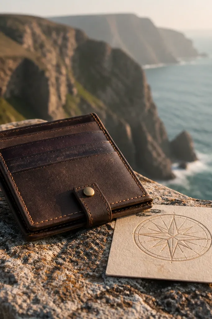 Card with a compass stamp placed on a lookout railing with a small gift