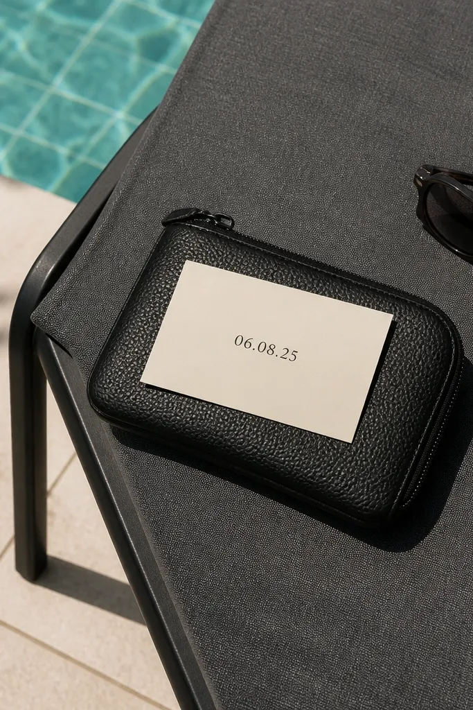 Sunglasses pouch on a lounge chair with a monochrome card