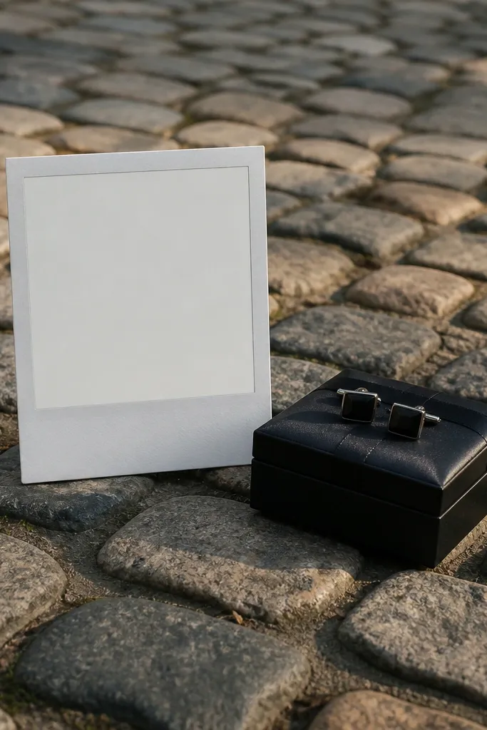 Polaroid-style card on cobblestones with a small gift next to it