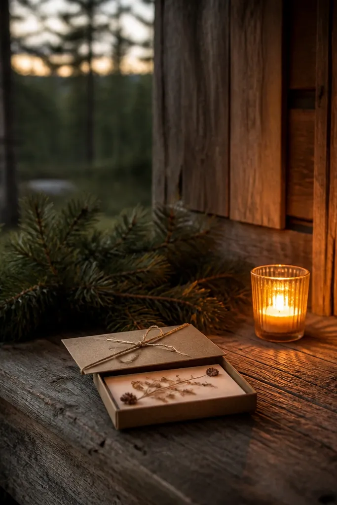 Small matchbox-style letter and candle on a cabin doorstep