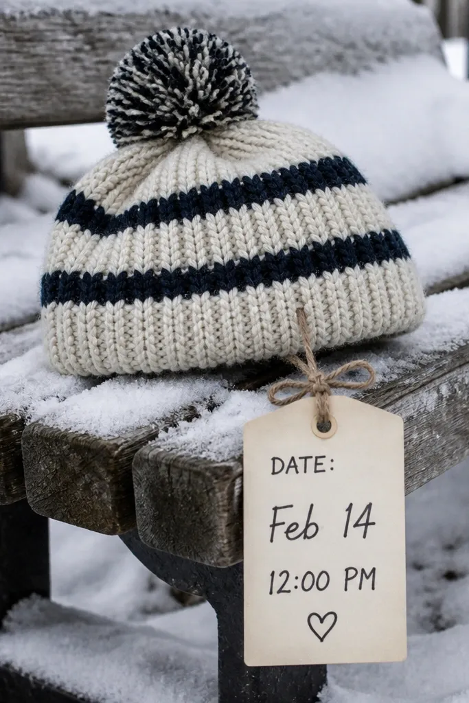 Knit beanie on a snowy bench with a date card tied to it