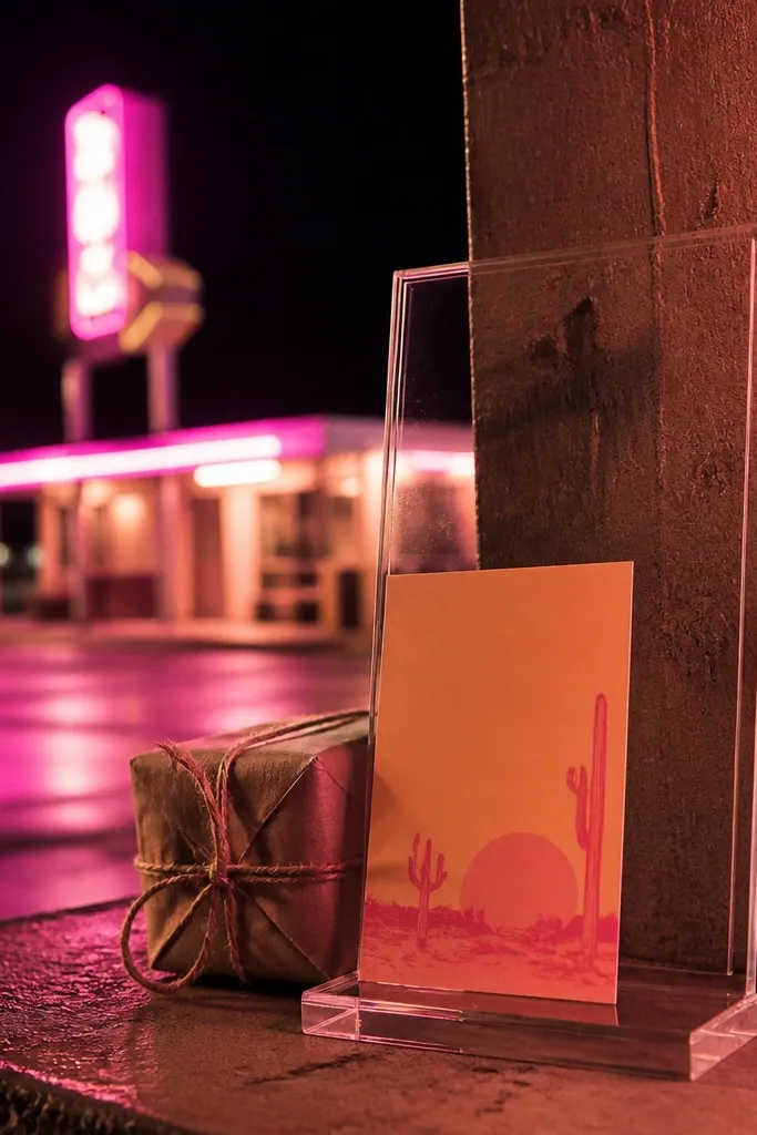 Clear acrylic stand with a name card on a motel walkway with neon lights