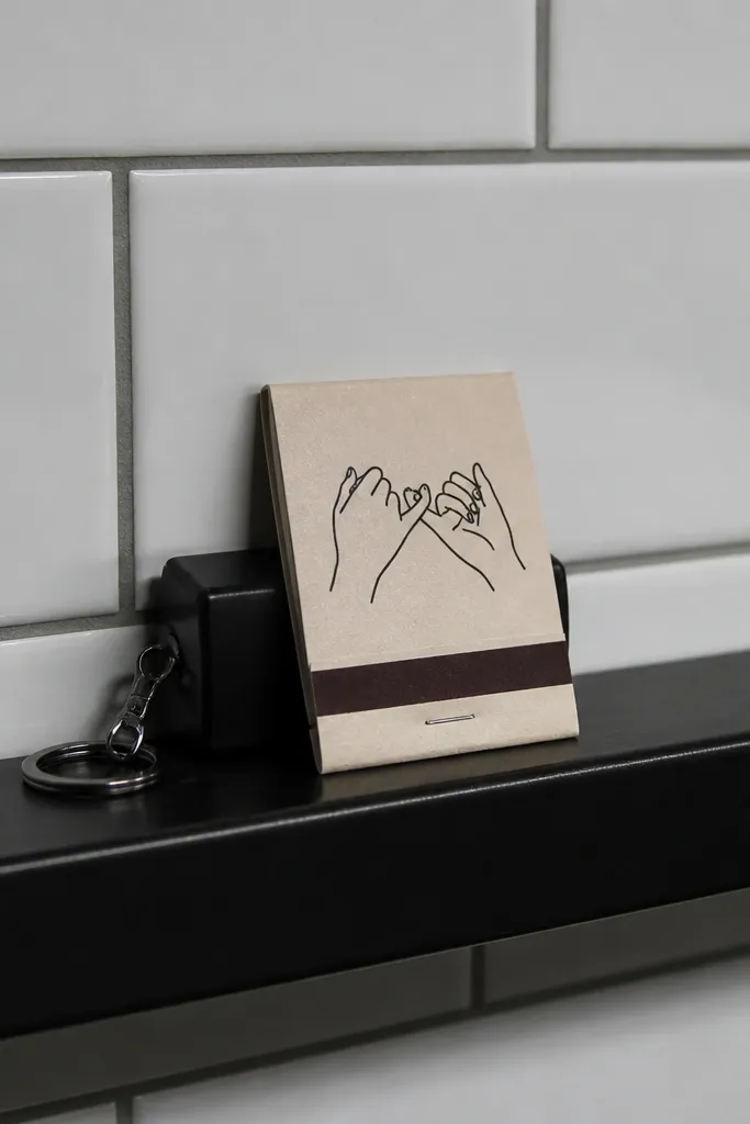 Matchbook-style card on a subway tile wall with a small gift beside it