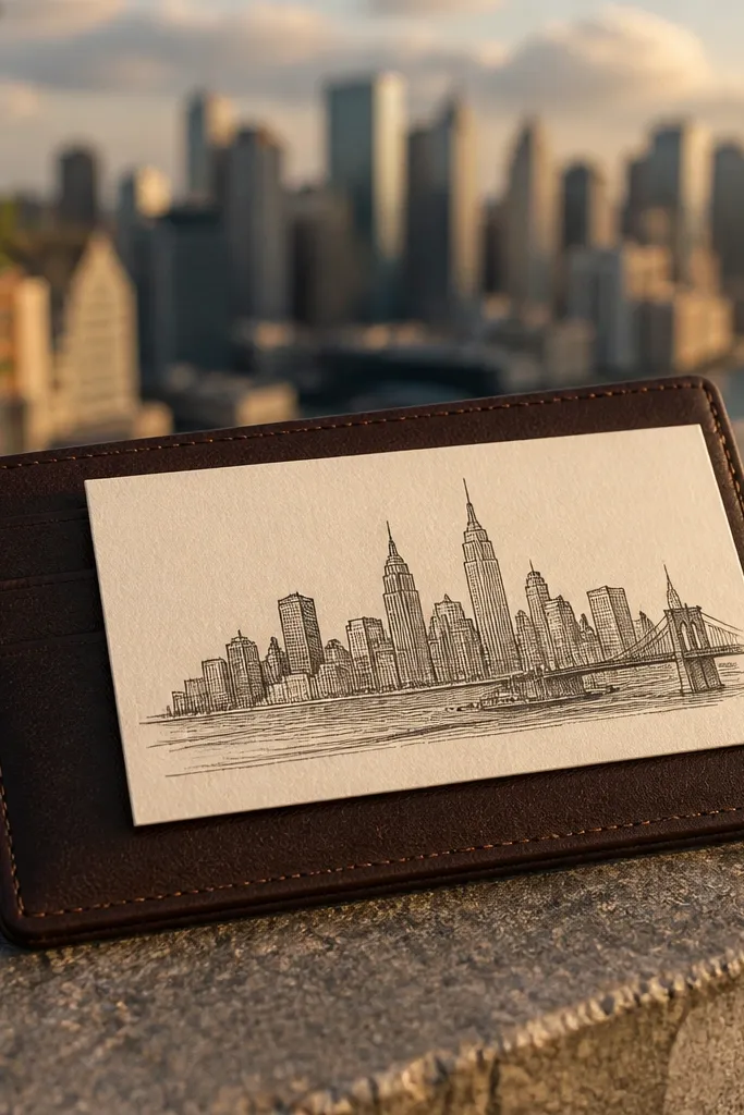 Brown leather cardholder on a rooftop table with a skyline note card