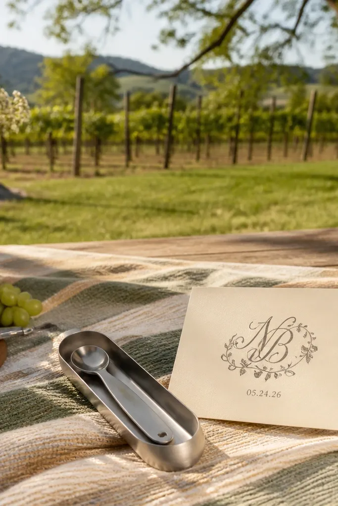 Picnic blanket with a small monogram card resting beside a gift