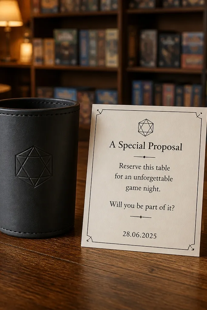 Dice cup on a cafe table with a proposal card placed next to it