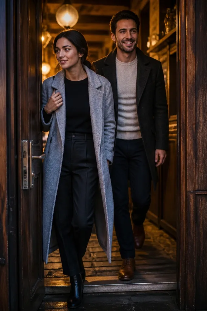 Couple standing in an open doorway with one foot stepping forward