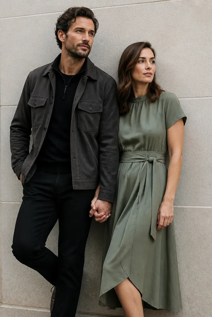 Couple leaning against a plain wall with hands linked