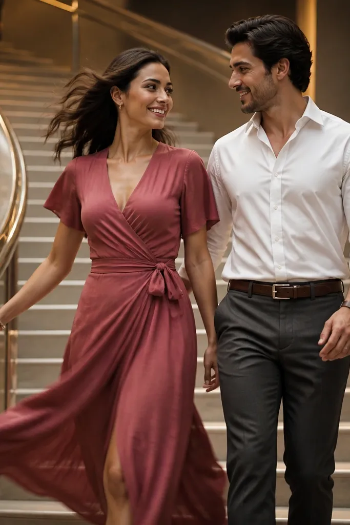 Couple walking slowly along stairs beside a banister