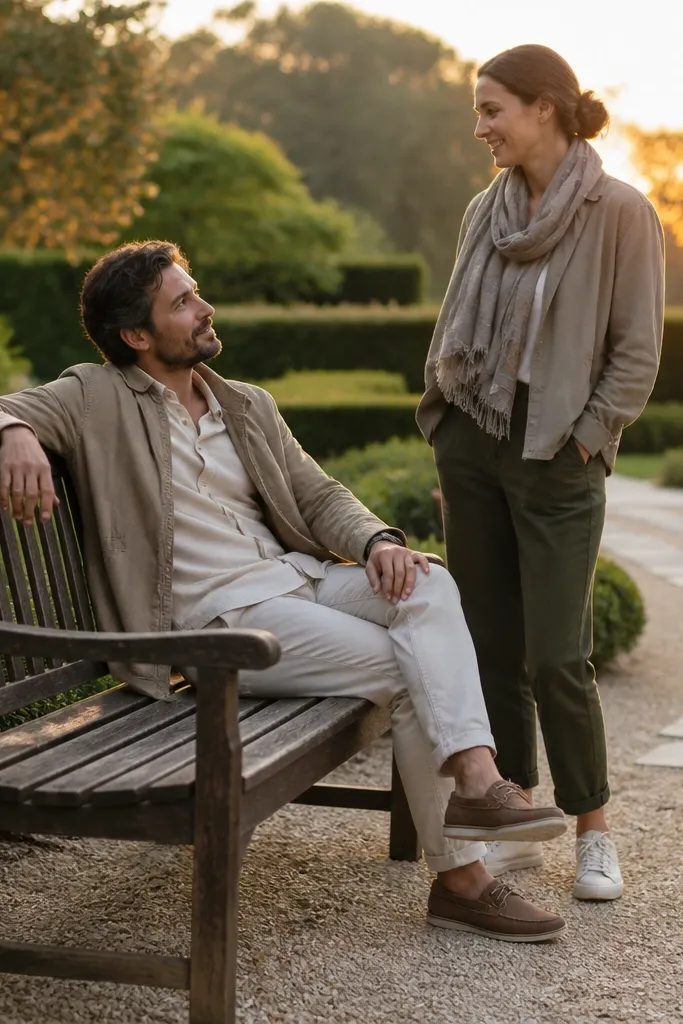 Couple sitting on a bench, then standing close together