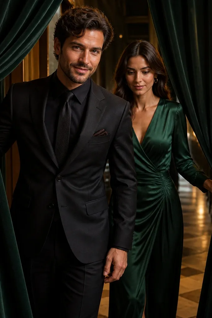 Couple holding drapery fabric and stepping through a doorway