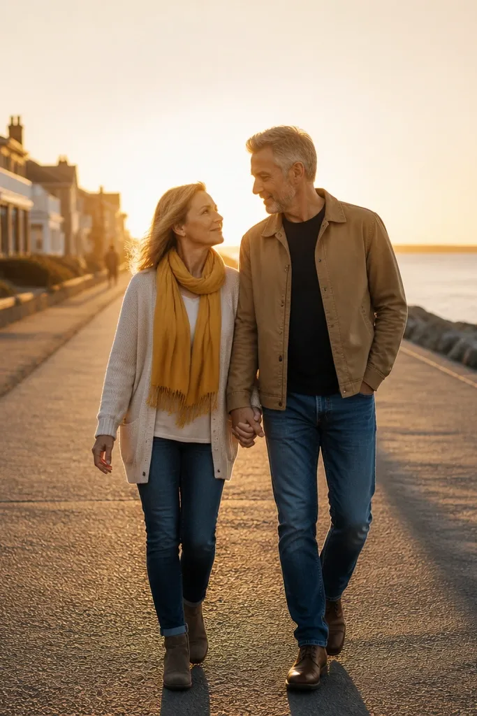 Couple walking side by side toward warm sunlight