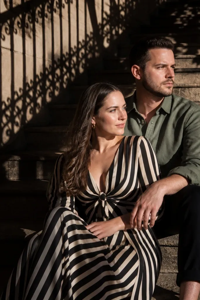 Couple standing so shadows stretch across steps behind them
