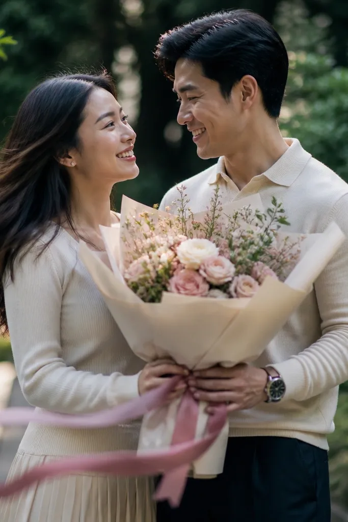 Couple gently moving with a bouquet ribbon catching the air