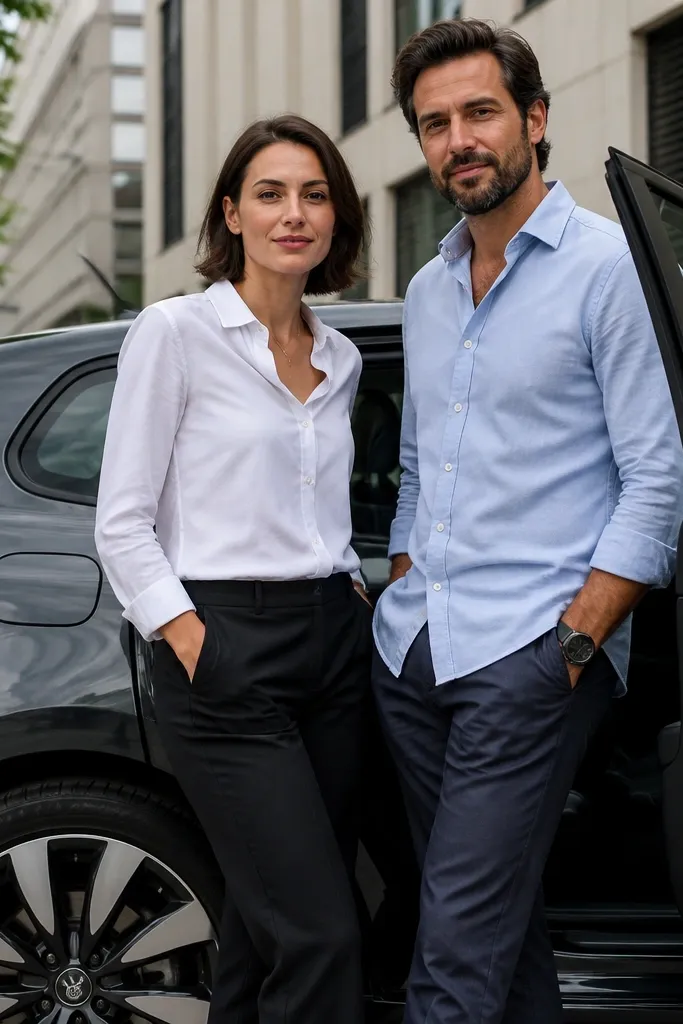 Couple leaning on a car door with clean reflections in the background