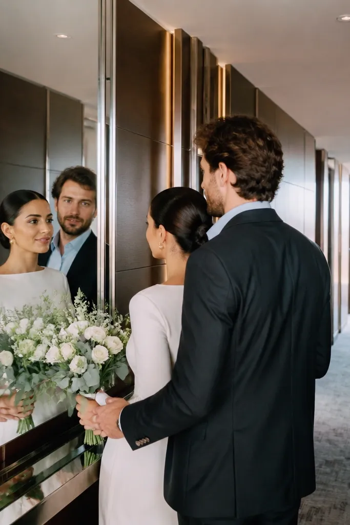 Couple standing in a hallway with mirror reflections behind them