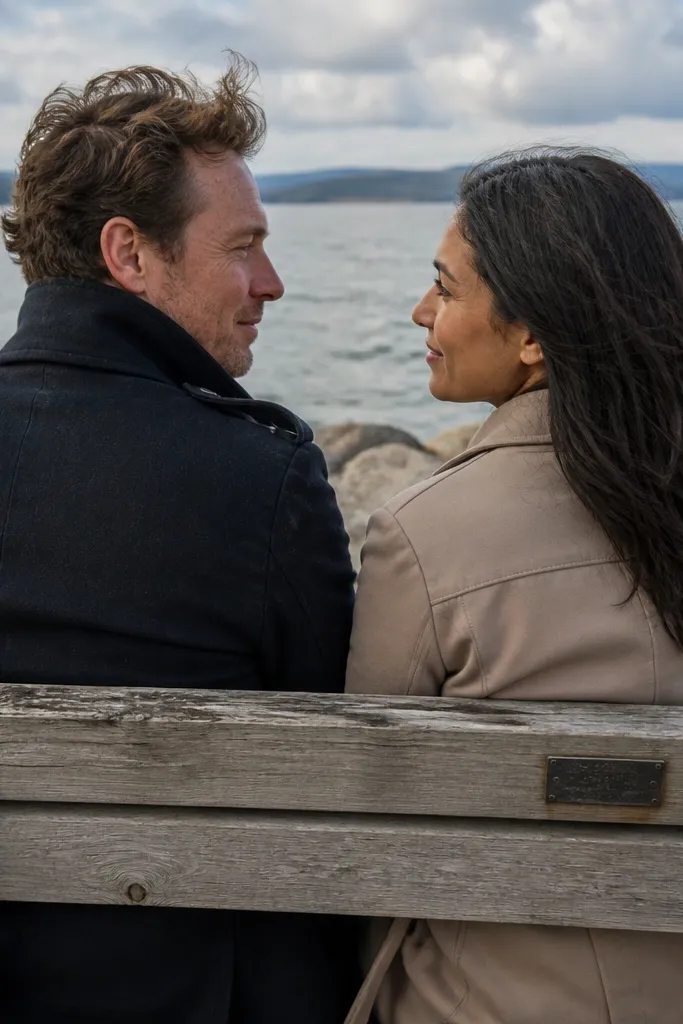 Couple sitting on a bench by a lake with hair moving in the breeze