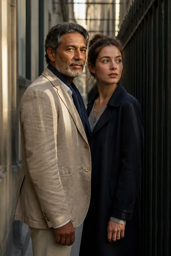 Couple standing in a narrow alley with a ladder-like light pattern behind