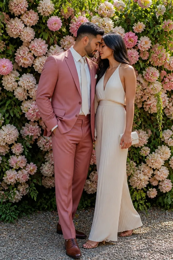 Couple touching foreheads in front of a flower wall, one step forward