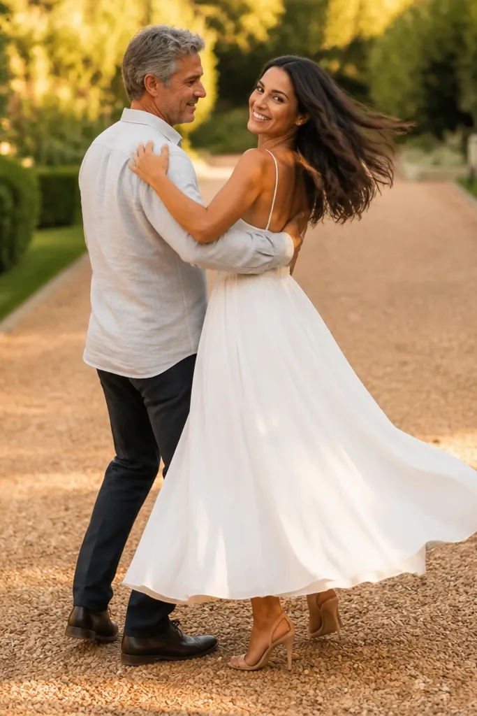Couple on a gravel path with a slow turning motion