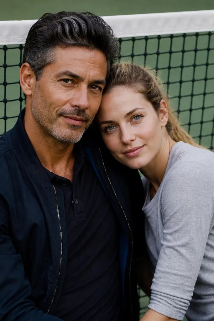 Couple leaning near a tennis court net with clean lines