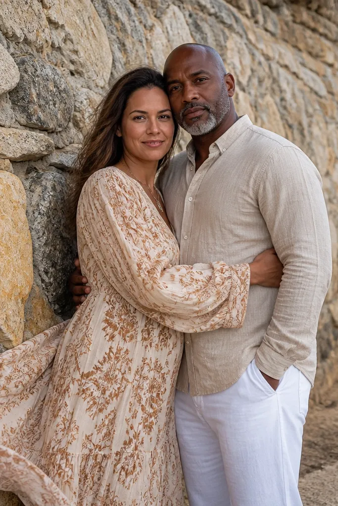 Couple side-hugging near a rock wall with fabric moving slightly