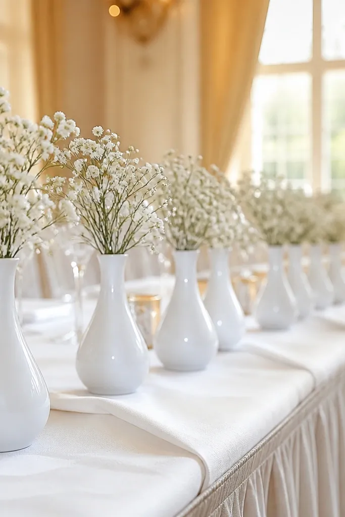 Small white bud vases lined along a table with single stems