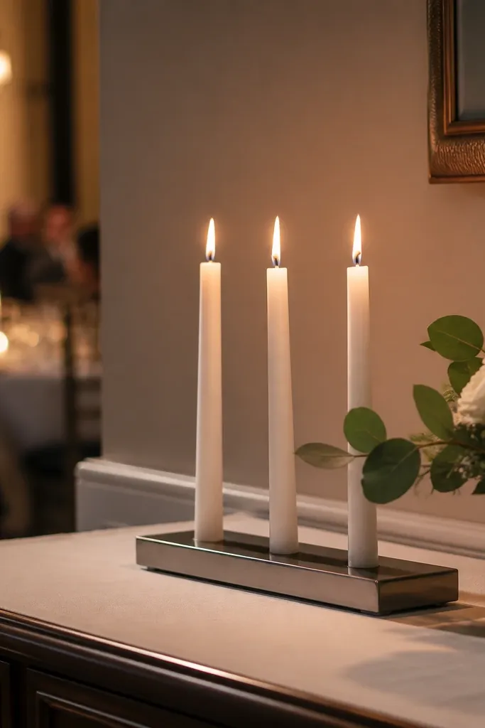 Three white taper candles on a white tray with minimal styling