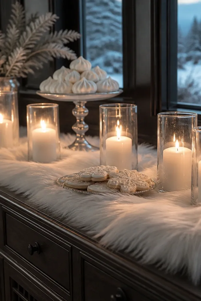 White faux fur runner on a table with candles casting soft shadows