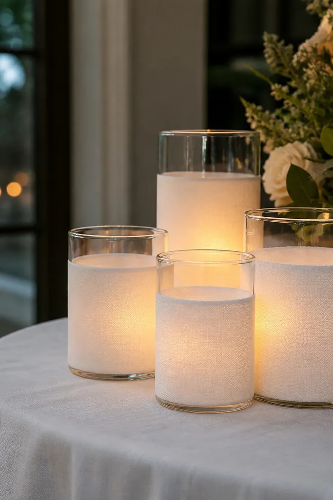 White candle sleeves wrapped around glass jars on a table