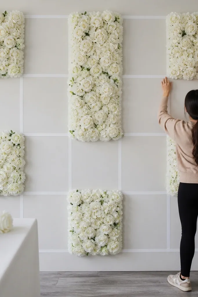 White faux flowers attached to a plain backdrop panel with grid tape