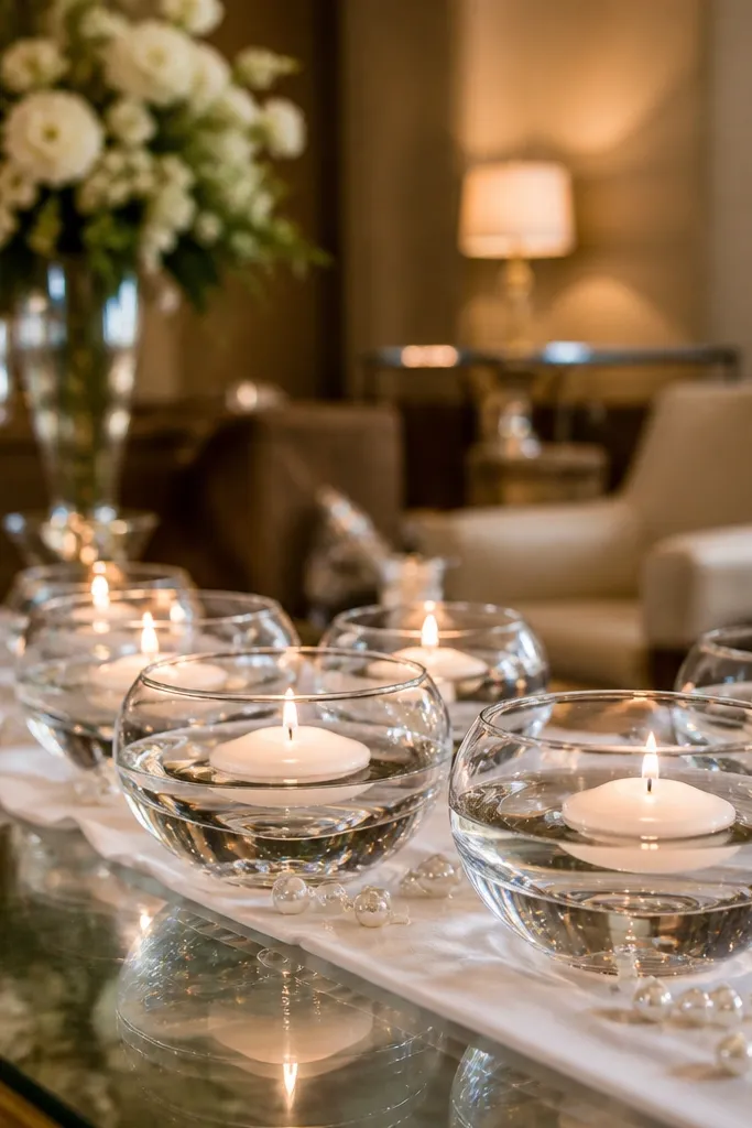 White floating candle lights in clear glass bowls