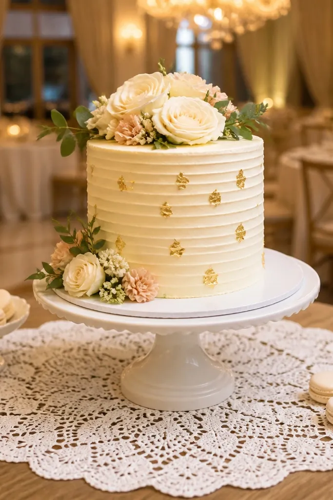 White doily under a cake stand with white frosting and flowers