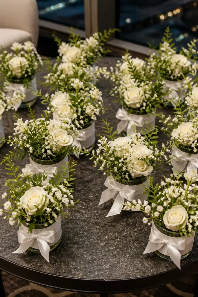 Small cups wrapped in white ribbon holding single white blooms