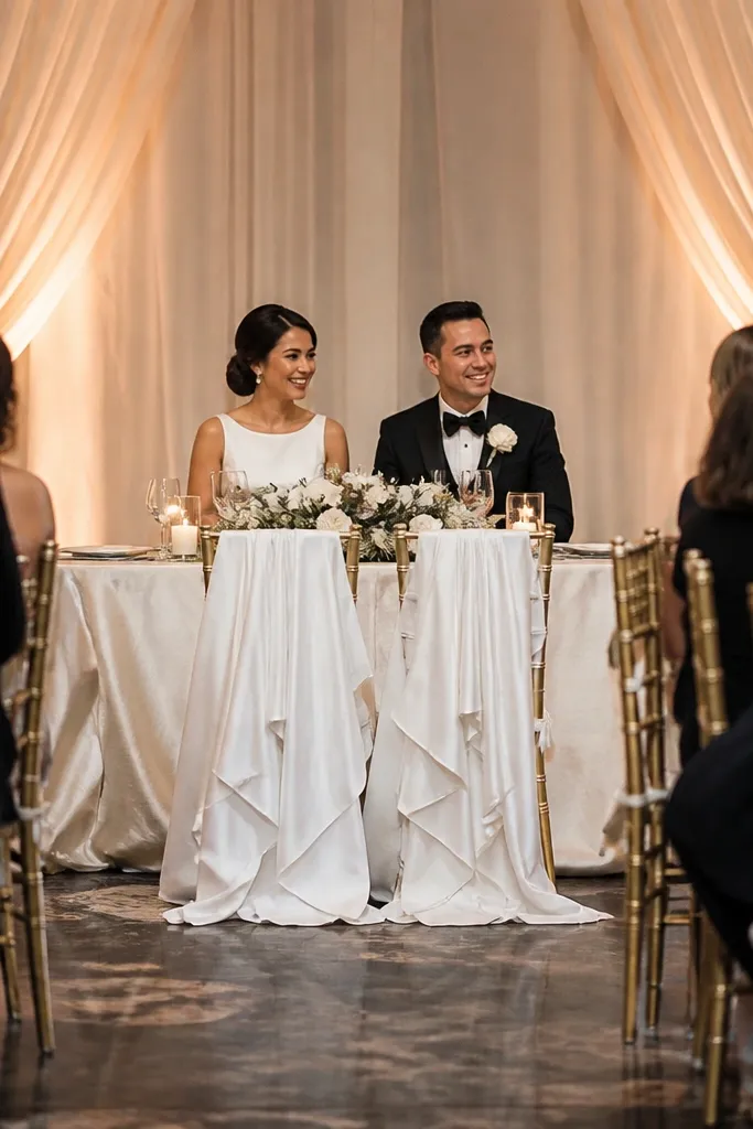 Long white fabric panels draping down the front of the head table