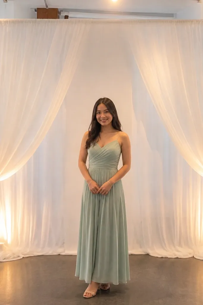 Sheer white organza panels hanging as a backdrop behind a area