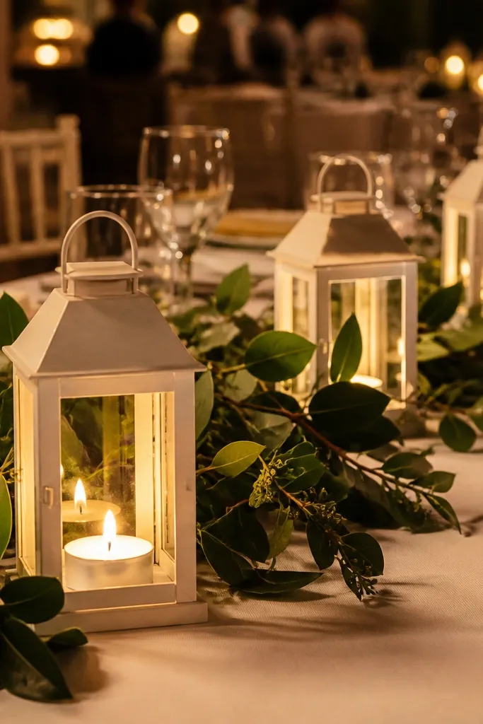 White mini lanterns grouped on a table with small white accents