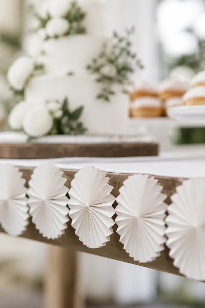 White paper rosettes strung along the edge of a dessert table