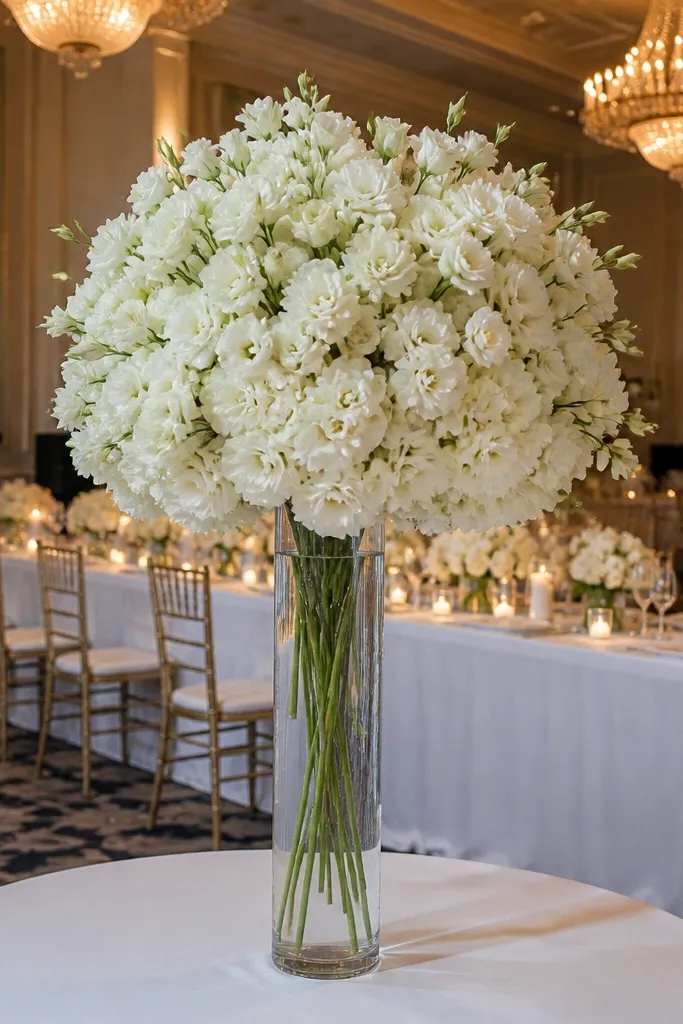 Single white bud cluster arranged in a tall vase on a table