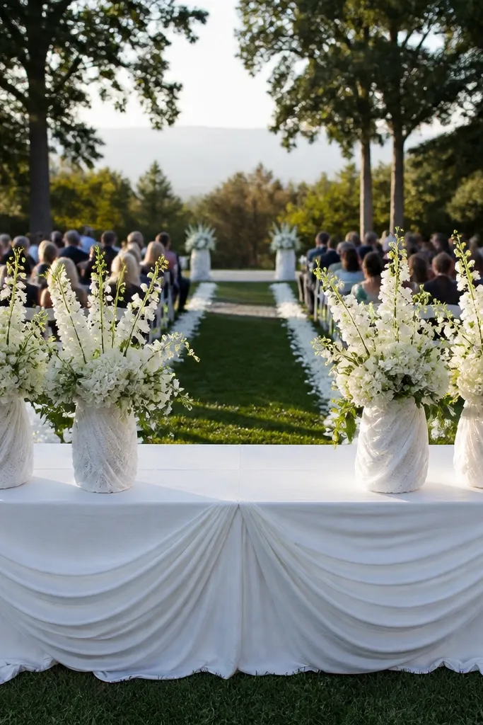 Folding table draped in white fabric with wrapped vases and single stems