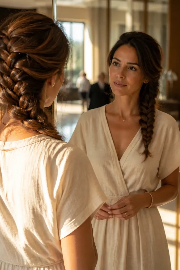Side French braid swept over one shoulder with soft face-framing strands