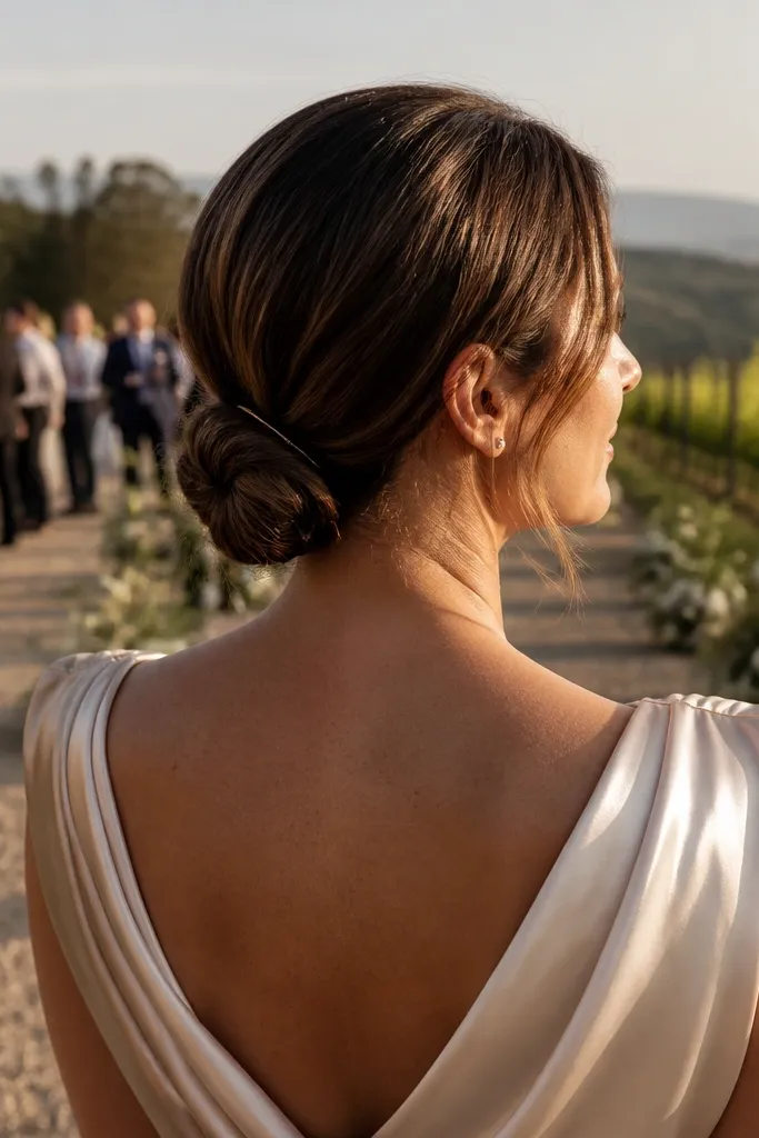 Low bun/chignon at the nape with two pins securing it neatly