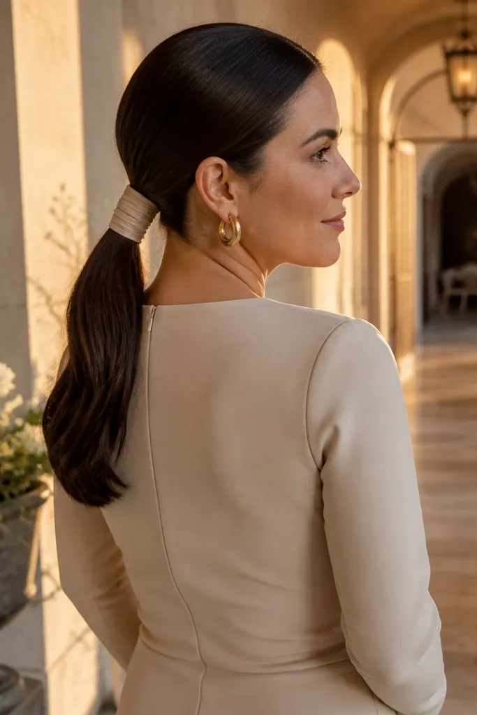 Sleek low pony at the nape with a wrapped knot at the base