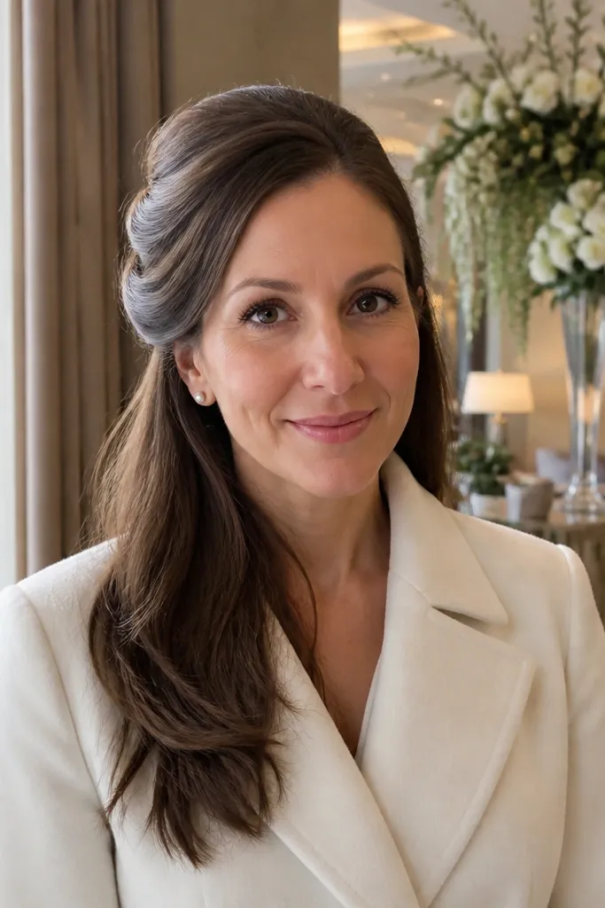 Half-up French twist pinned at the back with loose waves down