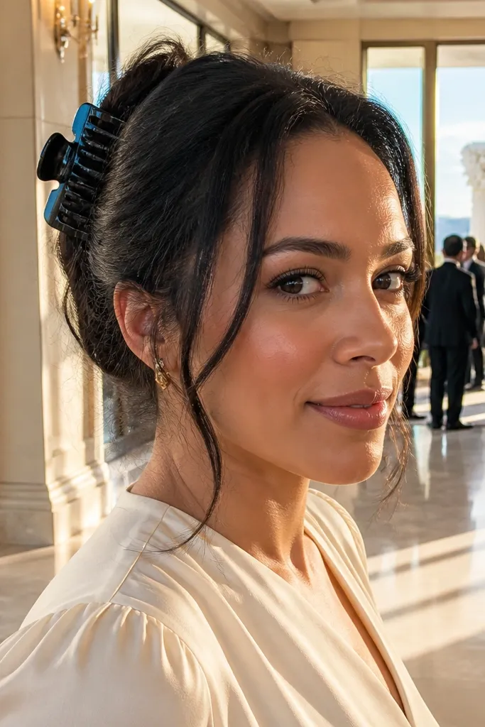 Half-up claw clip holding medium hair with two face-framing strands